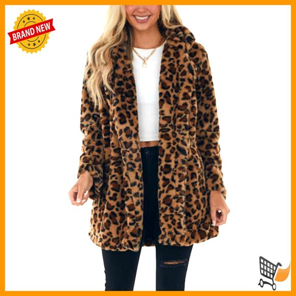 Leopard Print Faux Fur Coat Oversized Lapel Collar Fuzzy Fleece Jacket with